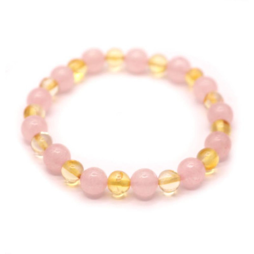 Polished Baroque Style Honey Baltic Amber Adult Bracelet with Rose Quartz