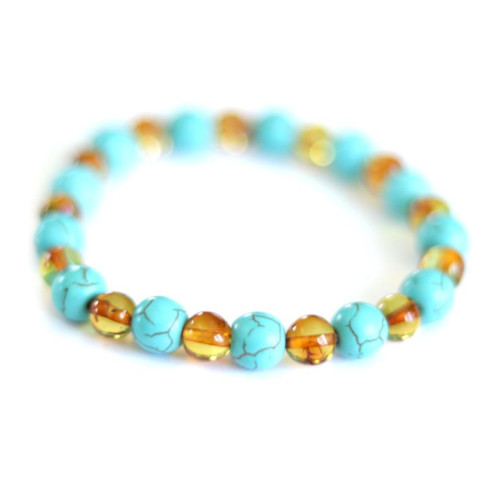 Polished Baroque Style Honey Baltic Amber Adult Bracelet with Turquoise