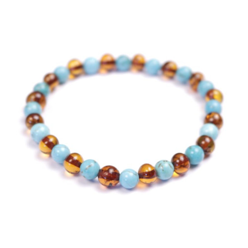 Polished Baroque Style Cognac Baltic Amber Adult Bracelet with Turquoise