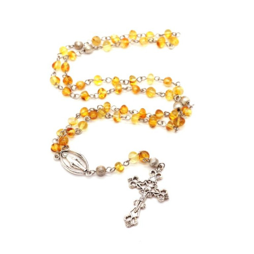 Polished Honey-Coloured Amber Christian Rosary with Metal Cross and Medal