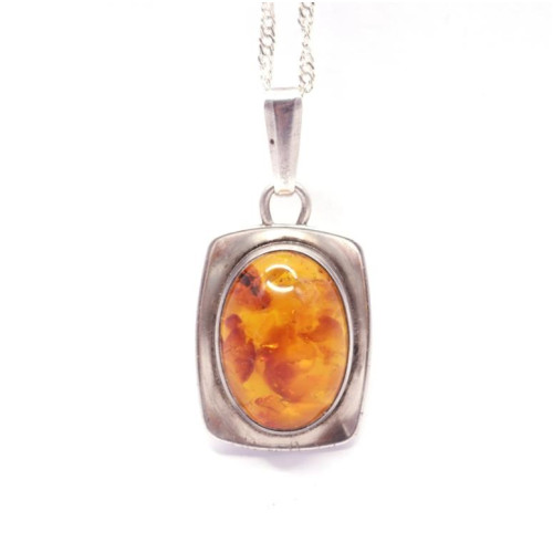 Antique Silver Pendant with Polished Cognac Baltic Amber