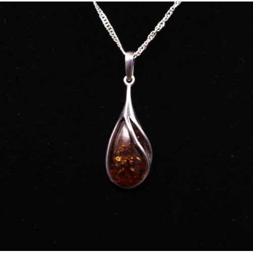 Antique Silver Teardrop Pendant with Cognac Baltic Amber