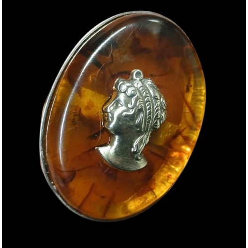 Massive Sterling Silver Antique Style Cognac Amber Cameo Ring