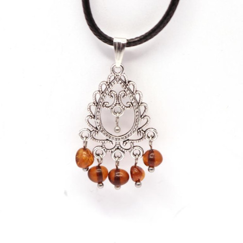 Filigree Metal Pendant with Baroque Cognac Amber Dangles and Cord