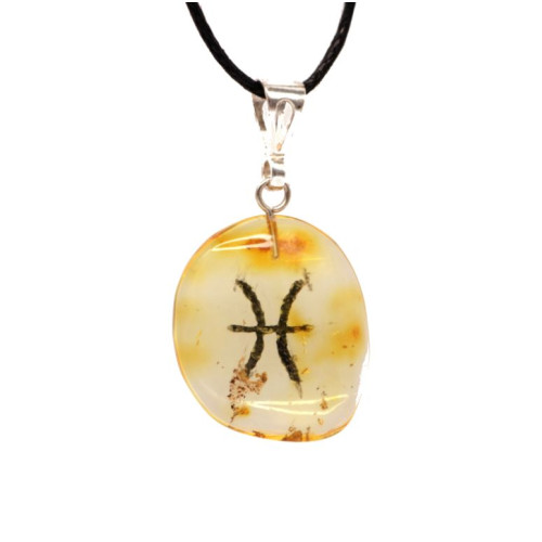 Baltic amber pendant amulet in yellow color with the zodiac sign "Pisces" Silver 925
