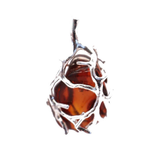 Artistic "Twisted Branches" Metal Pendant with Cognac Baltic Amber