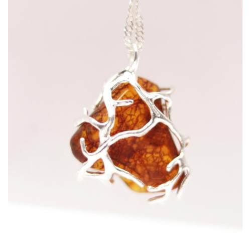 Cognac Baltic Amber Pendant in Metal Frame