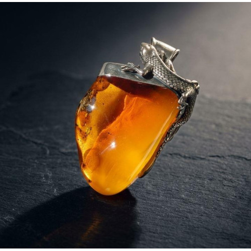 Exclusive 925 Sterling Silver "Lizard" Pendant with Massive Natural Baltic Amber