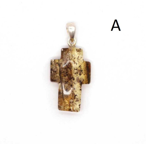 Green Baltic Amber Cross Pendant with Plant Inclusions